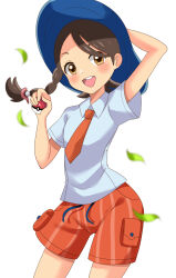 Rule 34 | 1girl, alice (pixiv80284903), blue hat, blush, brown eyes, brown hair, creatures (company), falling leaves, game freak, hat, highres, holding, holding poke ball, juliana (pokemon), leaf, looking at viewer, naranja academy school uniform, nintendo, open mouth, orange shorts, pocket, poke ball, pokemon, pokemon sv, school uniform, shorts, simple background, smile, solo, teeth, upper teeth only, white background