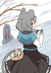 Rule 34 | 1girl, animal ears, basket, black skirt, branch, brown eyes, brown gloves, capelet, from above, from side, gloves, grey hair, highres, hino (yuruyurukoubou), jizou, long sleeves, mouse (animal), mouse ears, mouse tail, nazrin, outdoors, scarf, short hair, skirt, snow, solo, tail, touhou