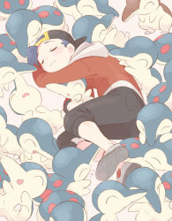 Rule 34 | 1boy, :3, absurdres, alternate color, backwards hat, bad id, bad pixiv id, baseball cap, black hair, blush, capri pants, closed eyes, closed mouth, commentary request, creatures (company), cyndaquil, ethan (pokemon), fingernails, game freak, gen 2 pokemon, hat, highres, holding, holding pokemon, long sleeves, lying, nintendo, on side, pants, pokemon, pokemon (creature), pokemon hgss, pumpkinpan, shiny and normal, shiny pokemon, shoes, sleeping, too many