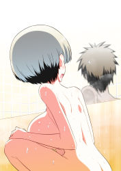 Rule 34 | 1boy, 1girl, anger vein, black hair, borrowed character, breasts, commentary request, fang, grey hair, highres, hitotose rin, huge breasts, looking away, mixed-sex bathing, multicolored hair, nude, open mouth, shared bathing, short hair, shoulder blades, sideways mouth, skin fang, squatting, steam, tile wall, tiles, two-tone hair, uzaki-chan wa asobitai!, uzaki hana, water drop, wet