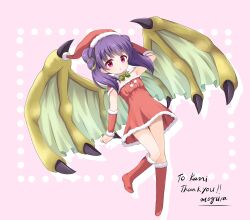 Rule 34 | 1girl, absurdres, alternate costume, arm at side, arm behind head, arm up, armpits, boots, bow, bowtie, capelet, detached sleeves, dragon girl, dragon wings, dress, fire emblem, fire emblem: the sacred stones, flat chest, full body, fur-trimmed capelet, fur-trimmed dress, fur-trimmed sleeves, fur collar, fur trim, green bow, green bowtie, green wings, hair tie, hat, highres, knees up, long hair, looking at viewer, mogura2009, multi-tied hair, myrrh (fire emblem), nintendo, outline, pale skin, parted lips, pink background, purple hair, red capelet, red eyes, red footwear, red sleeves, santa costume, santa dress, santa hat, short dress, simple background, sleeveless, sleeveless dress, solo, standing, twintails, wings, yellow wings
