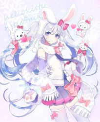 Rule 34 | 1girl, animal, animal ears, animal hands, blue hair, blush, bow, bowtie, cat, crossover, detached sleeves, fake animal ears, gloves, hair between eyes, hair bow, hatsune miku, heart, hello kitty, hello kitty (character), highres, long hair, long image, looking at viewer, miniskirt, multicolored hair, open mouth, paw gloves, pleated skirt, purple background, purple eyes, rabbit, rabbit ears, rabbit yukine, sanrio, scarf, skirt, snowflakes, standing, tall image, thighhighs, twintails, very long hair, vocaloid, yuki miku, yur1ca