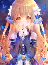 Rule 34 | 1girl, aoi sana, blue bow, blue butterfly, blush, bow, brown eyes, brown hair, bug, butterfly, copyright name, dairoku ryouhei, dress, dress bow, flower, hair flower, hair ornament, hands up, insect, long hair, long sleeves, looking at viewer, own hands together, see-through, see-through sleeves, solo, standing, upper body, very long hair