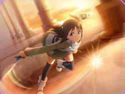 Rule 34 | 1girl, armor, black thighhighs, blue eyes, breastplate, brown hair, brown shirt, brown skirt, closed mouth, floating hair, frown, game cg, holding, holding sword, holding weapon, lens flare, long hair, long sleeves, miniskirt, pleated skirt, ronye arabel, running, shirt, skirt, solo, sword, sword art online, sword art online: alicization rising steel, thighhighs, twintails, weapon, zettai ryouiki
