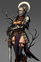 Rule 34 | 1girl, absurdres, armor, breasts, crusader (darkest dungeon), darkest dungeon, h ikenuma, helmet, highres, holding, holding sword, holding weapon, large breasts, pauldrons, red scarf, scarf, shoulder armor, solo, sword, tabard, thighhighs, vambraces, virtue (darkest dungeon), weapon