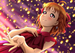 Rule 34 | 1girl, absurdres, artist name, artist request, bare shoulders, blush, bow, cloud, collared dress, dress, female focus, hair bow, hair ornament, highres, isami don, looking at viewer, love live!, love live! school idol festival, love live! sunshine!!, orange hair, outdoors, parted lips, red bow, red dress, red eyes, red skirt, short hair, skirt, sky, smile, solo, star (symbol), star hair ornament, sunset, takami chika, yume de yozora wo terashitai