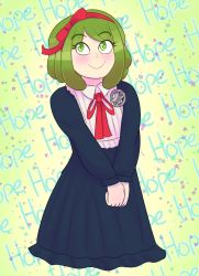 Rule 34 | 1girl, black dress, blue background, blush, bow, bowtie, child, closed mouth, collared dress, danganronpa (series), danganronpa another episode: ultra despair girls, dress, english text, eyebrows, female focus, full body, gradient background, green background, green eyes, green hair, hair bow, hair ribbon, hairband, headband, highres, long sleeves, medium hair, multicolored background, neck ribbon, nose, pleated dress, purple background, rainbow112art, red bow, red hairband, red headband, red headwear, red ribbon, ribbon, simple background, smile, solo, standing, star (symbol), text background, towa monaca, yellow background