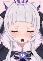 Rule 34 | 1girl, absurdres, akaki tsubasa, animal ear fluff, animal ears, black bow, black cloak, blush, bow, candy, cat ears, chocolate, chocolate heart, cloak, closed eyes, commentary request, crown, facing viewer, food, food in mouth, forehead, fur-trimmed cloak, fur trim, grey hair, hair bow, heart, highres, hololive, long hair, mini crown, mouth hold, murasaki shion, murasaki shion (gothic lolita), pink background, short eyebrows, simple background, solo, sweat, twintails, upper body, valentine, virtual youtuber