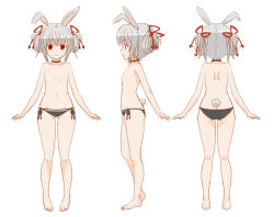 Rule 34 | 1girl, animal ears, ass, barefoot, black choker, black panties, breasts, butt crack, choker, closed mouth, collarbone, commentary request, copyright request, hair between eyes, hair rings, kakuno, multiple views, no nipples, panties, profile, rabbit ears, rabbit girl, rabbit tail, red eyes, shoulder blades, side-tie panties, sidelocks, silver hair, simple background, small breasts, smile, standing, tail, topless, underwear, underwear only, white background