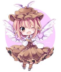 Rule 34 | 1girl, ;d, animal ears, bad id, bad pixiv id, blush, bow, bowtie, brown dress, brown eyes, character name, chibi, dress, full body, hat, long sleeves, looking at viewer, mystia lorelei, one eye closed, open mouth, pink hair, shoes, simple background, smile, solo, touhou, wings, yukimiya (parupunta)