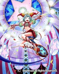 Rule 34 | 1girl, blue hair, cardfight!! vanguard, company name, facial tattoo, full body, green eyes, hat, high heels, jester cap, midriff, munaage, navel, official art, open mouth, short hair, star (symbol), tattoo, teeth, thighhighs, unicycle, unicycle tumbler