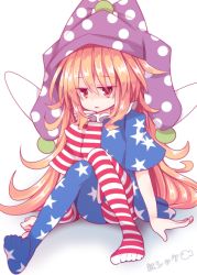 Rule 34 | 1girl, american flag, american flag dress, american flag legwear, american flag shirt, beni shake, blonde hair, blush, clownpiece, collar, dress, fairy, fairy wings, frilled collar, frilled shirt collar, frills, full body, hat, jester cap, leggings, legs, long hair, looking at viewer, neck ruff, open mouth, pantyhose, polka dot, red eyes, shirt, short sleeves, simple background, solo, star (symbol), striped clothes, striped dress, striped pantyhose, touhou, very long hair, white background, wings