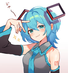 Rule 34 | :3, alternate hairstyle, aqua eyes, aqua hair, aqua necktie, bare shoulders, blush, commentary, detached sleeves, dot nose, enipa 28, grey shirt, hatsune miku, highres, looking at viewer, necktie, shirt, short hair, shoulder tattoo, sound effects, sparkle, tattoo, upper body, v arms, v over head, vocaloid, wolf cut