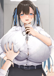 Rule 34 | 1girl, 1other, annoyed, belt, black hair, blue eyes, blue hair, blush, bra, breasts, buttons, chomikuplus, coffee, coffee cup, cup, disposable cup, female focus, grabbing, grabbing another&#039;s breast, gradient hair, hair ribbon, highres, huge breasts, lace, lace bra, long hair, looking at viewer, mole, mole under eye, multicolored hair, name tag, neck ribbon, original, parted lips, poro (chomikuplus), pov, ribbon, see-through, shirt, sidelocks, skirt, standing, twintails, two-tone hair, underwear