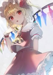 Rule 34 | 1girl, absurdres, arm behind back, ascot, backlighting, blonde hair, bloom, commentary, crystal, flandre scarlet, flat chest, grey background, hand up, hat, highres, kamatoyu, mob cap, overexposure, red skirt, red vest, short hair, simple background, skirt, skirt set, solo, touhou, v, vest, white background, wings, yellow ascot