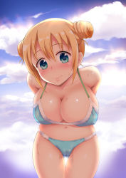 Rule 34 | 1girl, arms behind back, bare shoulders, bikini, blend s, blonde hair, blue bikini, blue eyes, blue sky, blush, breasts, cameltoe, cleavage, closed mouth, cloud, cloudy sky, collarbone, commentary request, covered erect nipples, cowboy shot, day, double bun, hair between eyes, hair bun, head tilt, highres, hinata kaho, large breasts, leaning forward, looking at viewer, navel, nose blush, outdoors, shousan bouzu, side bun, sidelocks, sky, smile, solo, swimsuit, thigh gap, wet