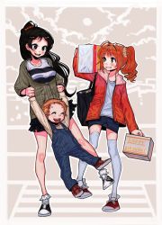 Rule 34 | 10s, 1boy, 2girls, alternate hairstyle, bad id, bad twitter id, bag, black hair, blush, brother and sister, brown eyes, bukimi isan, carrying over shoulder, closed eyes, commentary, converse, denim, denim skirt, green eyes, hair up, happy birthday, high ponytail, idolmaster, idolmaster (classic), idolmaster million live!, jacket, kitazawa shiho, lifting person, long hair, multiple girls, open mouth, orange hair, overalls, pastry box, shirt, shoes, short hair, shoulder bag, siblings, skirt, smile, sneakers, striped clothes, striped shirt, sweater jacket, takatsuki kouji, takatsuki yayoi, thighhighs, twintails, zettai ryouiki