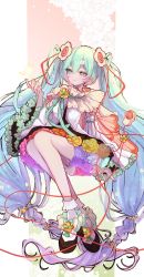 Rule 34 | 1girl, absurdly long hair, absurdres, aqua eyes, aqua flower, aqua hair, aqua neckwear, aqua ribbon, black skirt, blue flower, blue hair, braid, cable, cape, clasp, colorful, commentary, detached sleeves, flower, full body, green flower, hatsune miku, highres, jewelry, katorea, layered sleeves, light smile, long hair, magical mirai (vocaloid), magical mirai miku, magical mirai miku (2021), medallion, microphone, miniskirt, pendant, purple flower, rainbow, red flower, ribbon, shirt, skirt, solo, twin braids, twintails, very long hair, vocaloid, white flower, white shirt, white sleeves, yellow flower