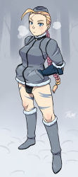 Rule 34 | 1girl, ahoge, alternate costume, blonde hair, blue eyes, bodypaint, boots, braid, breasts, breath, cammy white, elbow gloves, full body, fur boots, garrison cap, gloves, grey footwear, hands in pockets, hat, huge ahoge, jacket, knee boots, leotard, long hair, medium breasts, scar, snow boots, solo, standing, street fighter, street fighter iv (series), tsukudani (coke-buta), twin braids, winter clothes