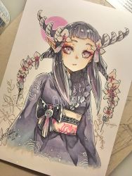 Rule 34 | 1girl, black bow, black hair, bow, commentary, curled horns, dated, english commentary, flower, hair flower, hair ornament, highres, horns, japanese clothes, kimono, long hair, long sleeves, looking at viewer, mixed media, obi, original, parted lips, photo (medium), purple eyes, purple kimono, sash, signature, solo, twitter username, yellow sash, yun-yang