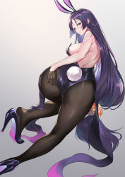 Rule 34 | 1girl, adjusting clothes, adjusting leotard, alternate costume, animal ears, ass, black leotard, black pantyhose, blush, breasts, closed mouth, fake animal ears, fake tail, fate/grand order, fate (series), from behind, high heels, highres, large breasts, leotard, long hair, looking at viewer, looking back, low-tied long hair, minamoto no raikou (fate), nr noir, pantyhose, parted bangs, playboy bunny, purple eyes, purple hair, rabbit ears, rabbit tail, shoe dangle, shoe soles, smile, solo, strapless, strapless leotard, tail, very long hair