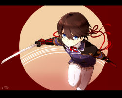 Rule 34 | 10s, 1boy, armor, blue eyes, brown hair, buttons, double-breasted, gradient background, horikawa kunihiro, japanese armor, kote, letterboxed, looking at viewer, male focus, mizuhara aki, sheath, short hair, solo, sword, touken ranbu, weapon