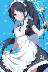 Rule 34 | &lt;key&gt; (robot) (blue archive), 1girl, apron, aqua halo, aqua ribbon, aris (blue archive), aris (maid) (blue archive), black dress, black hair, black wristband, blue archive, blue eyes, blue halo, blush, broom, collared dress, dress, frilled apron, frills, green halo, halo, highres, holding, holding broom, holding mop, long hair, looking at viewer, maid, maid apron, maid headdress, mop, official alternate costume, ponytail, rectangular halo, ribbon, rin ateria, smile, solo, white apron