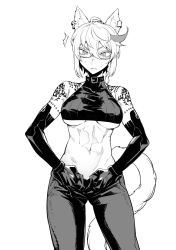 Rule 34 | 1girl, abs, ahoge, angry, animal ears, black panties, breasts, cat ears, cat tail, cloudia nanao, collar, crop top, cropped sweater, denim, ear piercing, earrings, glasses, greyscale, jeans, jewelry, mechanical arms, medium breasts, midriff, monochrome, multicolored hair, navel, open fly, original, panties, pants, piercing, short hair, simple background, single mechanical arm, sleeveless, sleeveless sweater, solo, streaked hair, struggling, sweat, sweater, symbol-shaped pupils, tail, tattoo, underboob, undersized clothes, underwear, unzipped, virtual youtuber, white background, white hair