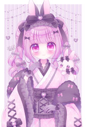 Rule 34 | 1girl, animal, animal ears, black bow, blush, bow, closed mouth, commentary request, frilled sleeves, frills, gloves, grey bow, grey gloves, hair bow, hair ornament, hairclip, heart, highres, himetsuki luna, japanese clothes, kimono, long sleeves, looking at viewer, obi, original, pink hair, pink kimono, purple eyes, rabbit, rabbit ears, sash, smile, solo, twintails, twitter username, upper body, watermark, wide sleeves