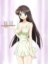 Rule 34 | 1girl, :d, bare shoulders, black eyes, black hair, blush, breasts, camisole, cleavage, commentary request, cowboy shot, cup, dress, female focus, green dress, hair down, holding, holding tray, kinfuji, large breasts, long hair, looking at viewer, open mouth, original, smile, solo, standing, touge chayako, tray, yunomi