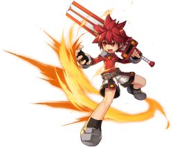 Rule 34 | 1boy, absurdres, artist request, belt, black gloves, elsword, elsword (character), fingerless gloves, fire, full body, gloves, highres, holding, holding sword, holding weapon, knight (elsword), looking to the side, male focus, official art, open mouth, pauldrons, red eyes, red hair, red shirt, serious, shirt, shoes, shorts, shoulder armor, single pauldron, solo, spiked hair, sword, transparent background, weapon, white shorts