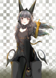 Rule 34 | 1girl, black dress, black pantyhose, detached collar, dress, flat chest, floating, floating object, floating weapon, grey background, grey hair, headgear, highres, long hair, mechanical arms, nanami: storm (punishing: gray raven), nanami (punishing: gray raven), nani totsutotsu, open mouth, pantyhose, punishing: gray raven, short sleeves, sitting