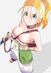 1girl absurdres between_breasts blonde_hair bow_(weapon) breasts chrono_trigger cleavage crossbow foot_out_of_frame green_eyes highres holding holding_crossbow holding_weapon large_breasts long_hair looking_at_viewer marle_(chrono_trigger) ponytail simple_background smile solo toku_sonchou weapon white_background