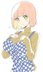 Rule 34 | 1girl, absurdres, apron, bad id, bad twitter id, blunt bangs, blush, breast suppress, breasts, checkered apron, checkered clothes, closed mouth, donguri suzume, flying sweatdrops, highres, large breasts, long sleeves, looking at viewer, orange eyes, orange sweater, pink hair, ribbed sweater, short hair, simple background, solo, standing, sweater, turtleneck, turtleneck sweater, upper body, white background