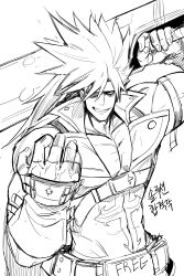 Rule 34 | 1boy, abs, arm belt, belt, collarbone, collared shirt, english text, fingerless gloves, gegegekman, gloves, guilty gear, hand up, headband, highres, holding, holding sword, holding weapon, korean text, long hair, looking at viewer, male focus, monochrome, muscular, muscular male, over shoulder, pectoral cleavage, pectorals, ponytail, shaded face, shirt, simple background, sketch, sleeveless, smile, sol badguy, solo, spiked hair, sword, upper body, weapon, weapon over shoulder