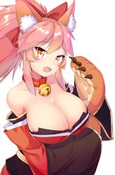 Rule 34 | 1girl, animal ears, animal hands, bell, bow, breasts, cat paws, cleavage, collar, collarbone, detached sleeves, fangs, fate/grand order, fate (series), fox ears, fox tail, gloves, hair bow, hair ribbon, japanese clothes, jingle bell, jungki dr, large breasts, long hair, looking at viewer, neck bell, paw gloves, pink hair, ponytail, red ribbon, ribbon, simple background, solo, tail, tamamo (fate), tamamo cat (fate), tamamo cat (first ascension) (fate), white background, yellow eyes