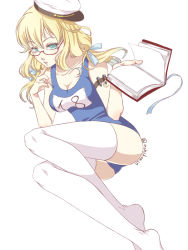 Rule 34 | 10s, 1girl, achikoako, blonde hair, blush, book, glasses, hat, i-8 (kancolle), kantai collection, looking at viewer, one-piece swimsuit, red-framed eyewear, school swimsuit, solo, swimsuit, thighhighs, twintails, white thighhighs