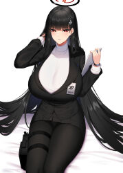 Rule 34 | 1girl, absurdres, black hair, black jacket, black suit, blue archive, blunt bangs, blush, breasts, chixiao, commentary request, formal, gun, hair spread out, halo, hand in own hair, handgun, highres, holding, holding tablet pc, holster, holstered, huge breasts, id card, jacket, long hair, looking at viewer, miniskirt, pantyhose, pleated skirt, red eyes, revision, rio (blue archive), shirt, sitting, skirt, solo, suit, sweater, tablet pc, taut clothes, thigh holster, thighs, turtleneck, turtleneck sweater, very long hair, watch, weapon, white shirt, white sweater, wristwatch
