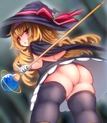 Rule 34 | 1girl, akai ikuto, ass, ass focus, black dress, black headwear, black thighhighs, blonde hair, blurry, blurry background, blush, boots, bow, brown footwear, dress, from behind, gloves, hairband, hat, huge ass, little witch nobeta, long hair, no panties, nobeta, open mouth, red eyes, solo, thick thighs, thighhighs, thighs, underwear, very long hair, white gloves, witch hat