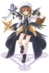 Rule 34 | 2girls, ahoge, blue eyes, blue hair, blush, book, book of the azure sky, brown hair, character name, fingerless gloves, gloves, hair ornament, hat, highres, long hair, long sleeves, lyrical nanoha, magic circle, magical girl, mahou shoujo lyrical nanoha, mahou shoujo lyrical nanoha a&#039;s, mini person, minigirl, multiple girls, multiple wings, npcpepper, open mouth, puffy sleeves, reinforce zwei, schwertkreuz, short hair, single thighhigh, skirt, thighhighs, tome of the night sky, white background, wings, x hair ornament, yagami hayate