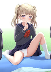 Rule 34 | 1girl, absurdres, black sailor collar, black serafuku, black shirt, black skirt, blanket, blue eyes, blush, bow, brown hair, commentary request, day, finger to mouth, grass, highres, knee up, long hair, long sleeves, looking at viewer, nedia (nedia region), no shoes, original, outdoors, panties, pleated skirt, puffy long sleeves, puffy sleeves, purple eyes, red bow, sailor collar, school uniform, serafuku, shirt, shushing, sitting, skirt, smirk, socks, solo focus, twintails, underwear, white panties, white socks