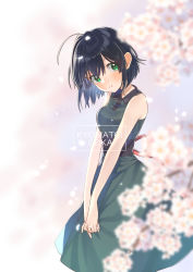 Rule 34 | 1girl, absurdres, alternate costume, bare arms, bare shoulders, black hair, blurry, blurry background, blurry foreground, character name, cherry blossoms, closed mouth, collared dress, commentary request, dress, flower, green dress, green eyes, highres, kyoumachi seika, light blush, long dress, looking at viewer, mofu mofudog, short hair, shy, sleeveless, sleeveless dress, solo, voiceroid