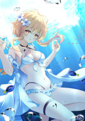 Rule 34 | 1girl, :o, air bubble, bare shoulders, bikini, blonde hair, blue tang fish, breasts, bubble, cleavage, collarbone, commentary request, criss-cross halter, day, feet out of frame, fish, flower, frilled bikini, frills, genshin impact, hair flower, hair ornament, halterneck, hands up, highres, light rays, looking at viewer, lumine (genshin impact), medium breasts, navel, open clothes, open mouth, orange eyes, outdoors, shi6kurutto, short hair with long locks, sidelocks, signature, skindentation, stomach, sunbeam, sunlight, surgeonfish, swimsuit, thigh strap, tropical fish, underwater, w arms, water, white bikini, white flower