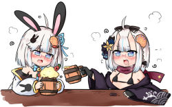 Rule 34 | 2girls, :d, @ @, animal ears, bailingxiao jiu, bare shoulders, beer mug, bell, bikini, bikini top only, black bikini, black bow, black kimono, blue bow, blue eyes, blue ribbon, blush, bow, braid, rabbit ears, rabbit hair ornament, carrot, cup, drooling, fang, foam, glasses, hair bow, hair ornament, hair ribbon, holding, holding cup, horns, japanese clothes, jingle bell, kimono, mouth drool, mug, multiple girls, nose blush, off shoulder, oni, oni horns, open clothes, open kimono, open mouth, original, red-framed eyewear, ribbon, short hair, silver hair, simple background, smile, swimsuit, white background