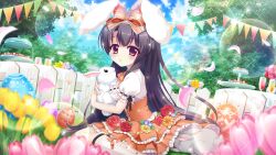 Rule 34 | 1girl, animal ears, black hair, blue flower, blue sky, blurry, blurry foreground, bow, breasts, chocolate, cloud, corset, cup, day, dot nose, dress, drinking glass, dutch angle, easter egg, egg, fake animal ears, fence, film grain, flower, food, game cg, hair bow, heart, holding animal, holding rabbit, ichikishima mizuha, izumi tsubasu, large bow, lens flare, long hair, looking at viewer, macaron, medium breasts, non-web source, official art, orange bow, orange corset, orange skirt, outdoors, parted lips, petals, picket fence, pink flower, pink petals, pink tulip, puffy short sleeves, puffy sleeves, purple eyes, rabbit, rabbit ears, re:stage!, red flower, red rose, rose, round table, short sleeves, sitting, skirt, sky, solo, sparkle, straight hair, string of flags, table, tablecloth, tiered tray, tree, tulip, wariza, white dress, white flower, white rabbit (animal), wooden fence, yellow flower, yellow tulip