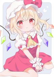 Rule 34 | :t, ascot, barefoot, blonde hair, bow, closed mouth, crystal, flandre day, flandre scarlet, full body, grey background, hat, hat bow, highres, looking at viewer, mob cap, one side up, pafe haumen, pointy ears, pout, red bow, red eyes, seiza, short hair, simple background, sitting, touhou, v arms, white hat, wings, wrist cuffs, yellow ascot