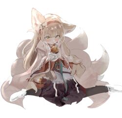 1girl animal animal_ears arknights blonde_hair blush closed_mouth commentary_request food fox fox_ears fox_girl fox_tail full_body green_eyes hairband holding holding_food japanese_clothes kimono kitsune korean_commentary kyuubi long_hair long_sleeves multiple_tails official_alternate_costume pink_kimono red_hairband ricefox_(nonametofu) simple_background sitting socks solo suzuran_(arknights) suzuran_(yukibare)_(arknights) tail wariza white_background white_socks