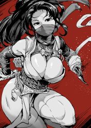 Rule 34 | 1girl, amputee, bandaged arm, bandages, bare shoulders, breasts, cleavage, commentary request, covered mouth, detached sleeves, fishnets, greyscale, greyscale with colored background, highres, ichiren takushou, katana, knife, large breasts, light particles, long hair, looking at viewer, mask, monochrome, mouth mask, ninja, ninja mask, original, partially colored, red background, sheath, sheathed, simple background, solo, sword, tassel, thighhighs, weapon