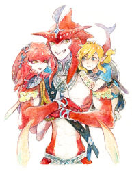 Rule 34 | 1girl, 2boys, abs, bad id, bad pixiv id, blonde hair, blue eyes, brother and sister, carrying over shoulder, colored skin, fins, fish boy, fish girl, gem, hair ornament, jewelry, link, locked arms, looking at another, looking at viewer, mipha, monster boy, multicolored skin, multiple boys, nintendo, pointy ears, red skin, sharp teeth, siblings, sidon, simple background, smile, teeth, the legend of zelda, the legend of zelda: breath of the wild, white background, yellow eyes, zora