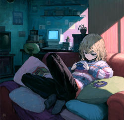 Rule 34 | 1girl, black pants, blanket, blonde hair, blue eyes, blue legwear, book, cactus, chair, clock, commentary request, computer, couch, crt, cup, game boy advance, handheld game console, highres, light rays, looking down, mug, notes, office chair, original, pants, pillow, plant, poster (object), potted plant, print legwear, shelf, sho (sho lwlw), short hair, sitting, slouching, solo, striped clothes, striped sweater, stuffed animal, stuffed toy, sweater, swivel chair, table, teddy bear, television, trash can